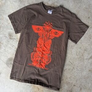 Gildan Ultra Cotton Brown T-Shirt Orange Totem Tribal Graphic Art Mens Small S